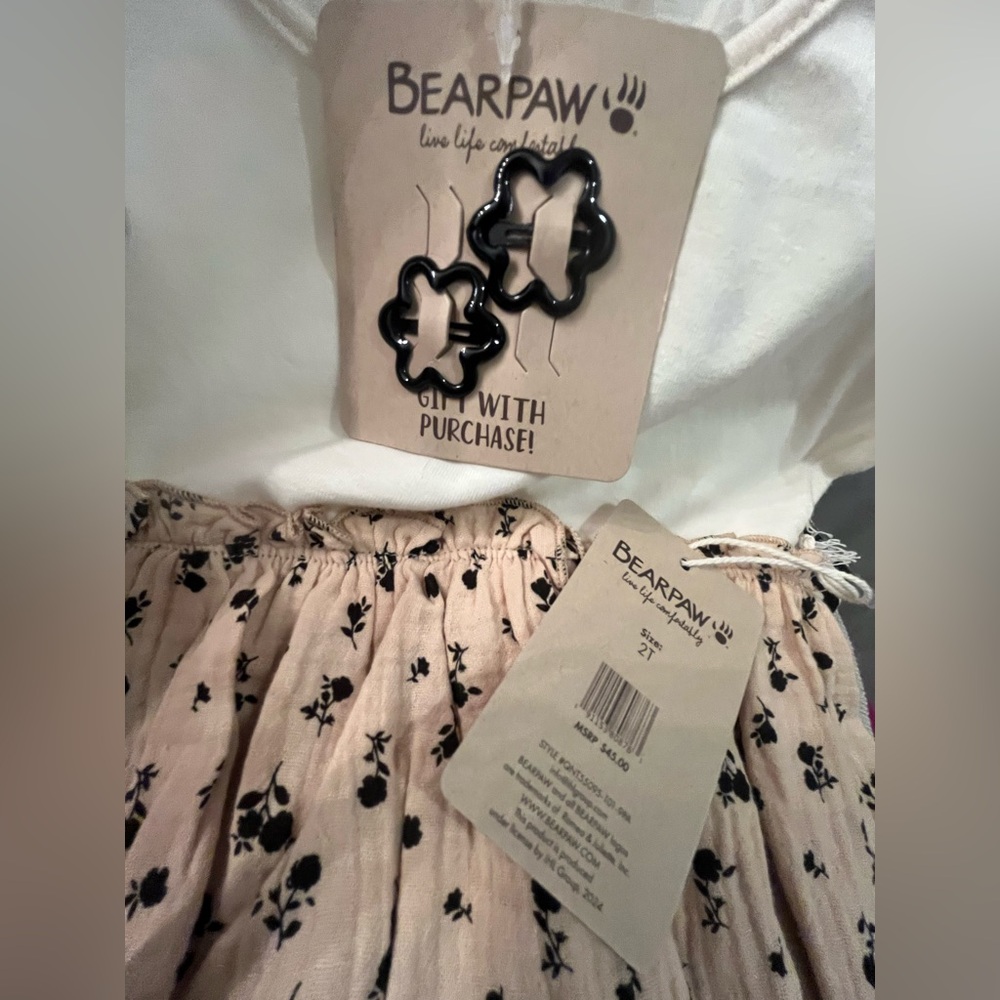 NWT Bearpaw Toddler Girl Floral Cotton Dress Cream and Tan with Hair clips - Picture 7 of 7